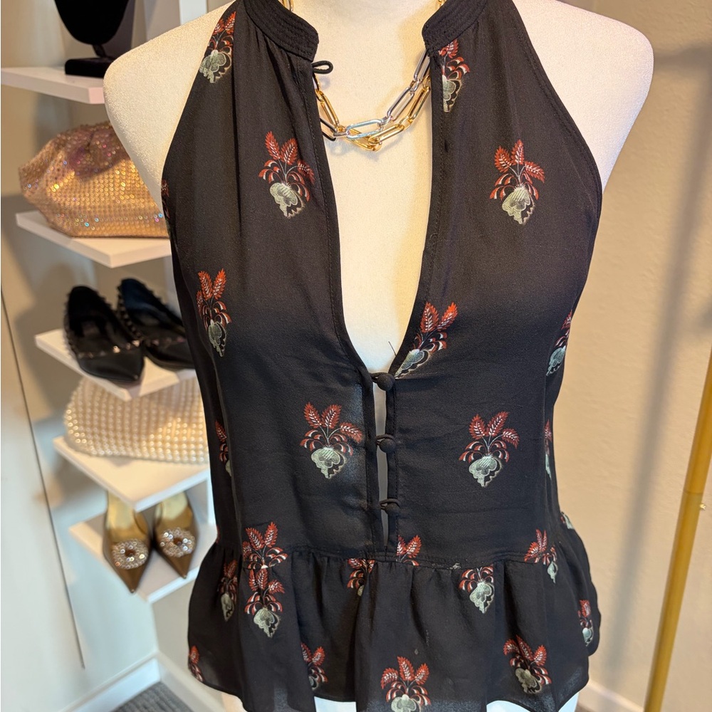A.L.C. Black and Red Floral Peplum Top